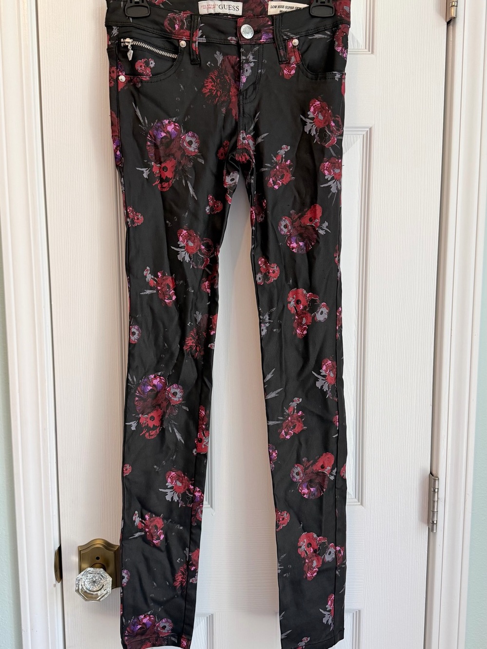 GUESS Black Faux Leather Skinny Fit Pants with Pink & Purple Floral Print